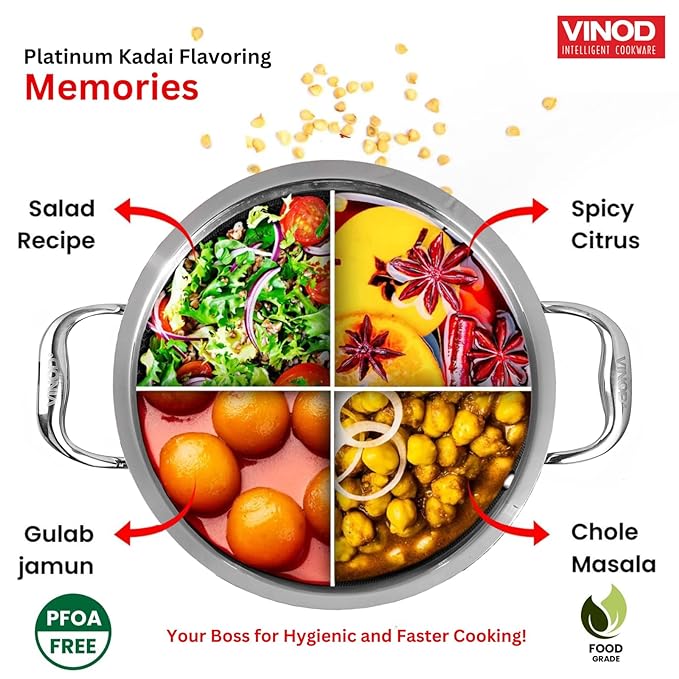 Vinod Platinum Triply Stainless Steel Extra Deep Kadai with Glass Lid 2.5 Litre (22 cm) | 2.5mm Thick | Kadai for Cooking