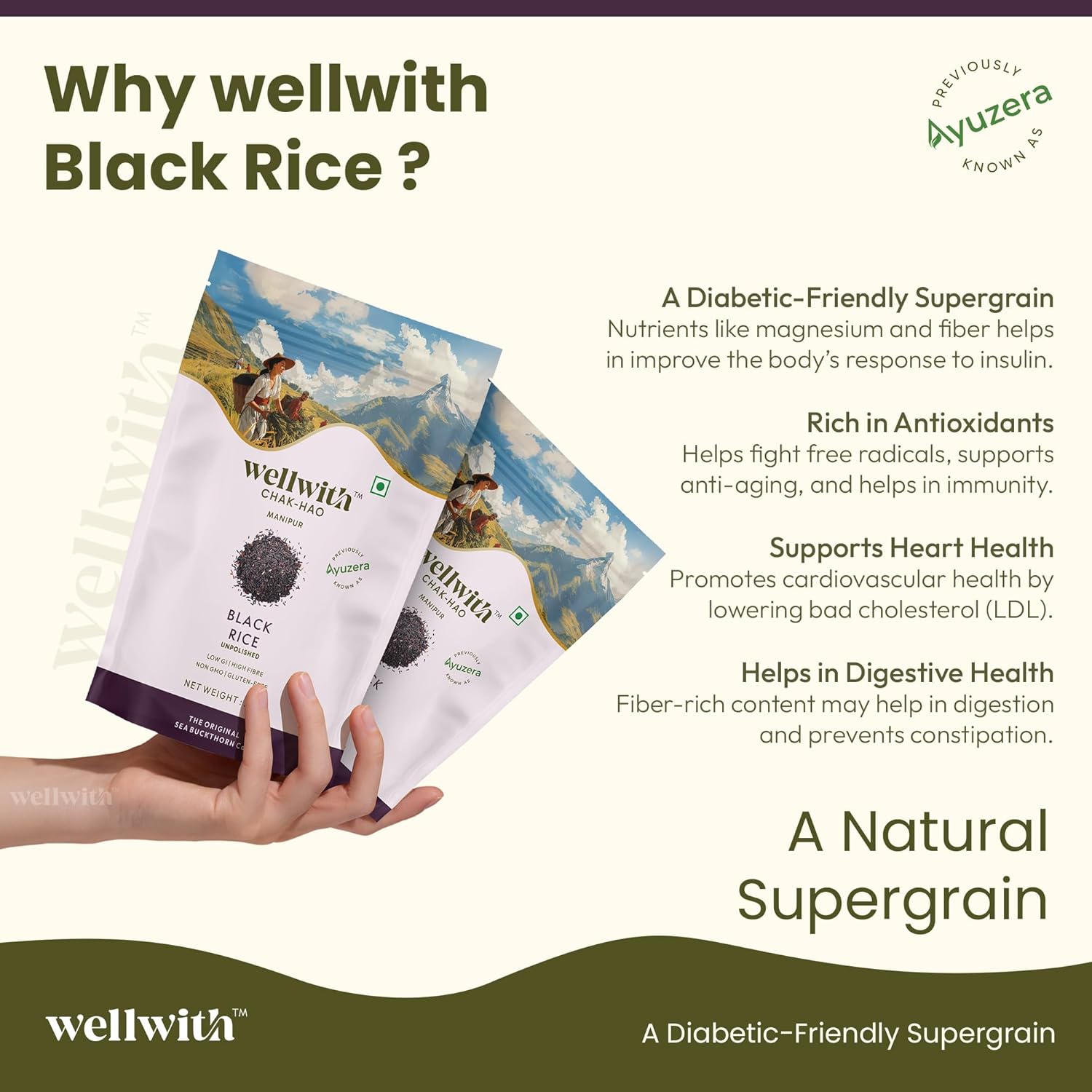 Wellwith (Ayuzera) Black Rice Gluten Free 250g | Chak Hao | Organic Karuppu Kavuni |100% Natural & Organic | Forbidden Manipuri Rice (Pack of 1)