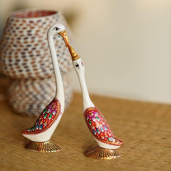 Ecraftindia Loving Swan Couple White Meenakari Metal Figurine