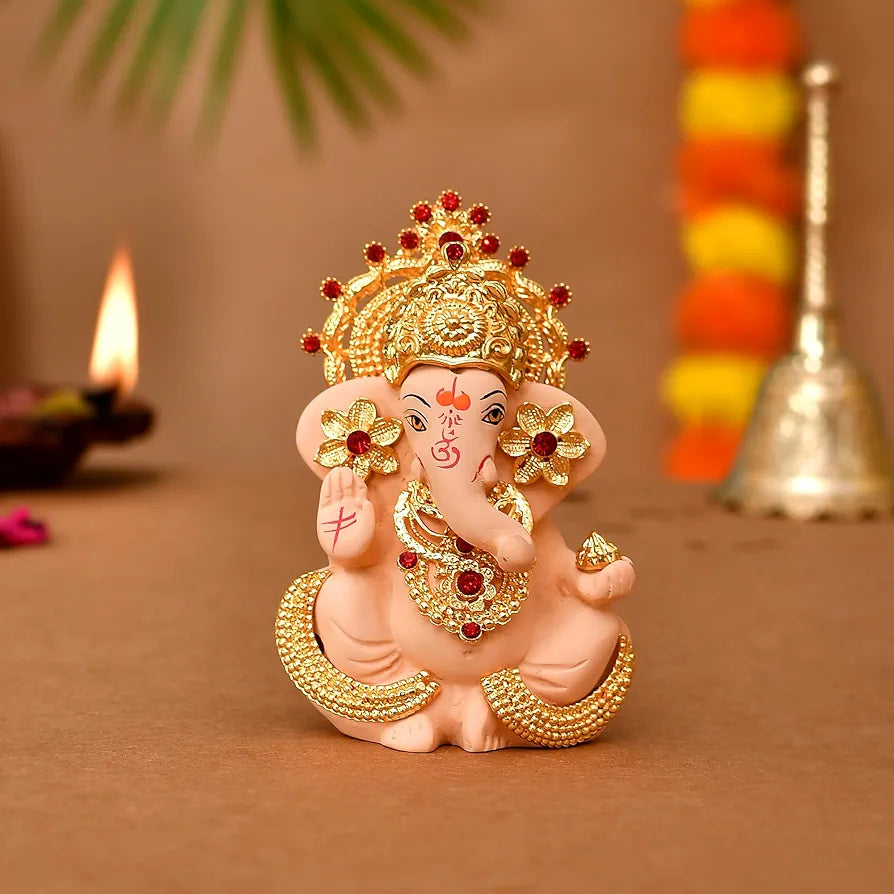 CraftVatika Ganesh Idol Murti Statue for Car Dashboard Ceramic Terracotta Gold Plated Ivory