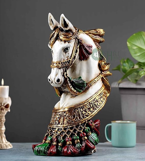 Indicast Resin 15" Inch Handmade Decorated Horse Bust Statue Animal Figurines Gifts Antique Design | White