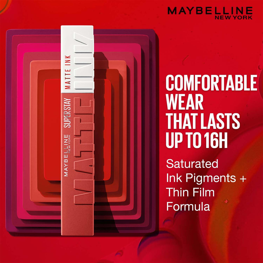 Maybelline New York Superstay Matte Ink Liquid Lipstick, Warrior | No budge bold color for 16H | Transferproof, Waterproof, Foodproof | Brown skin friendly