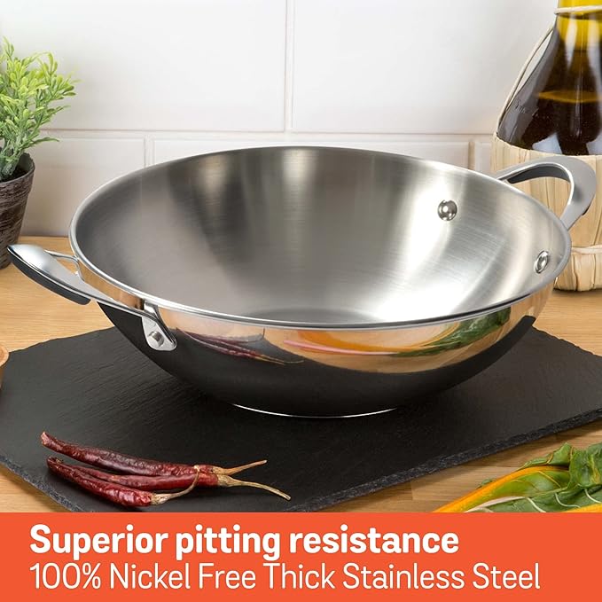 Meyer Select Nickel Free Stainless Steel Kadai | Kadhai with Glass Lid 30cm/ 4 Liters Silver