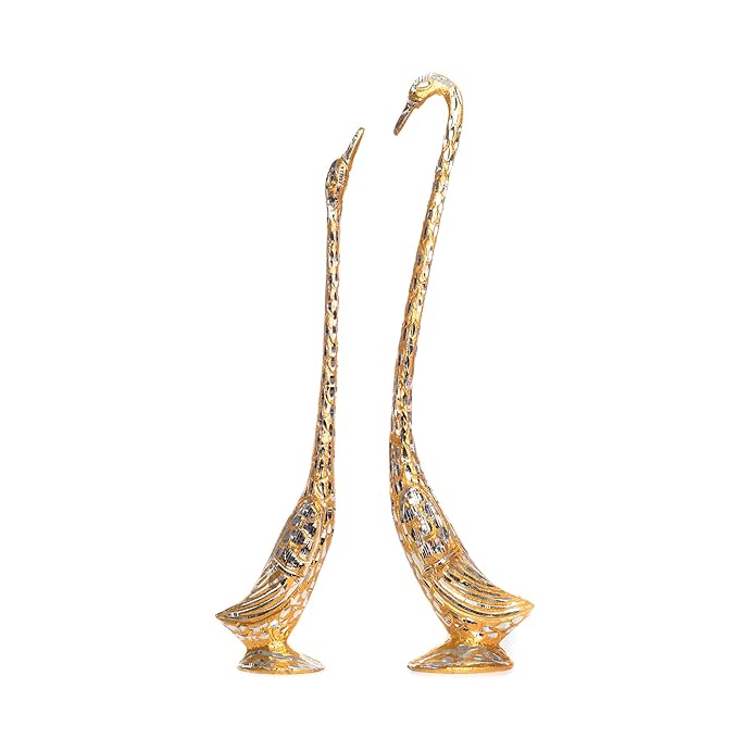 Ecraftindia Cute Love Birds Decorative Metal Figurine | Silver and Golden