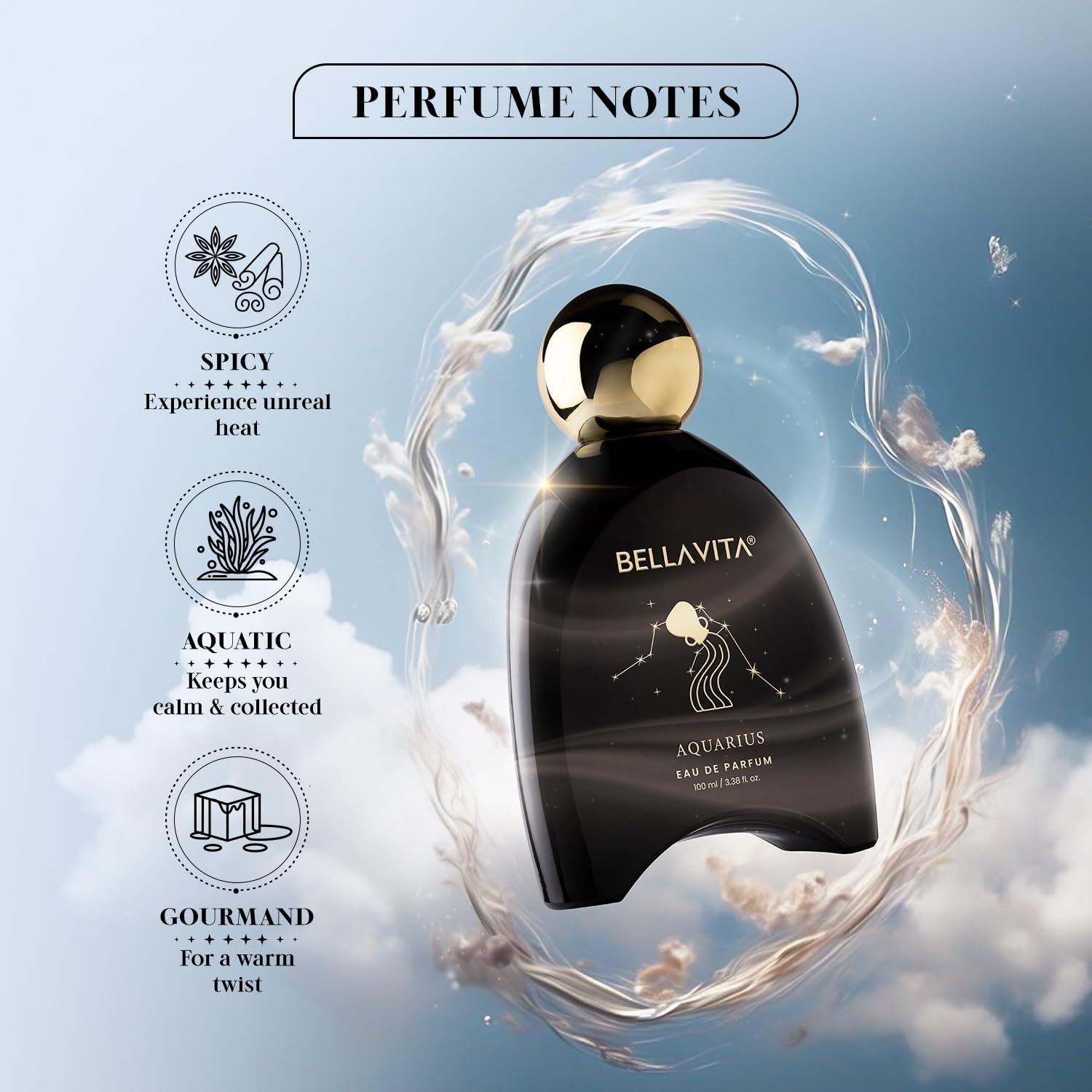BELLAVITA Zodiac Collection Aquarius EDP Unisex | Bergamot, Tonka and Musk | Premium Long Lasting Fragrance Perfume for Men and Women, 100ml