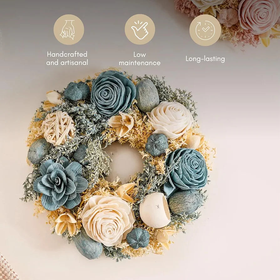 Shola Flower Wreath Handcrafted Eco-Friendly Wall Decor with Dried Flowers Rattan Balls & Jute Frame for Timeless Elegance