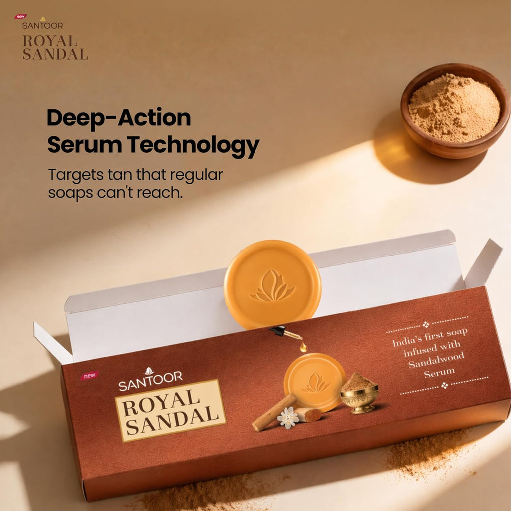 Santoor Royal Sandal Detan Pack | 3 Soaps (150g Each) | 100% Sandalwood Oil & Powder | 3-Step Natural Detan | Reduces tan, Improves complexion, Even Skin Tone & Glow
