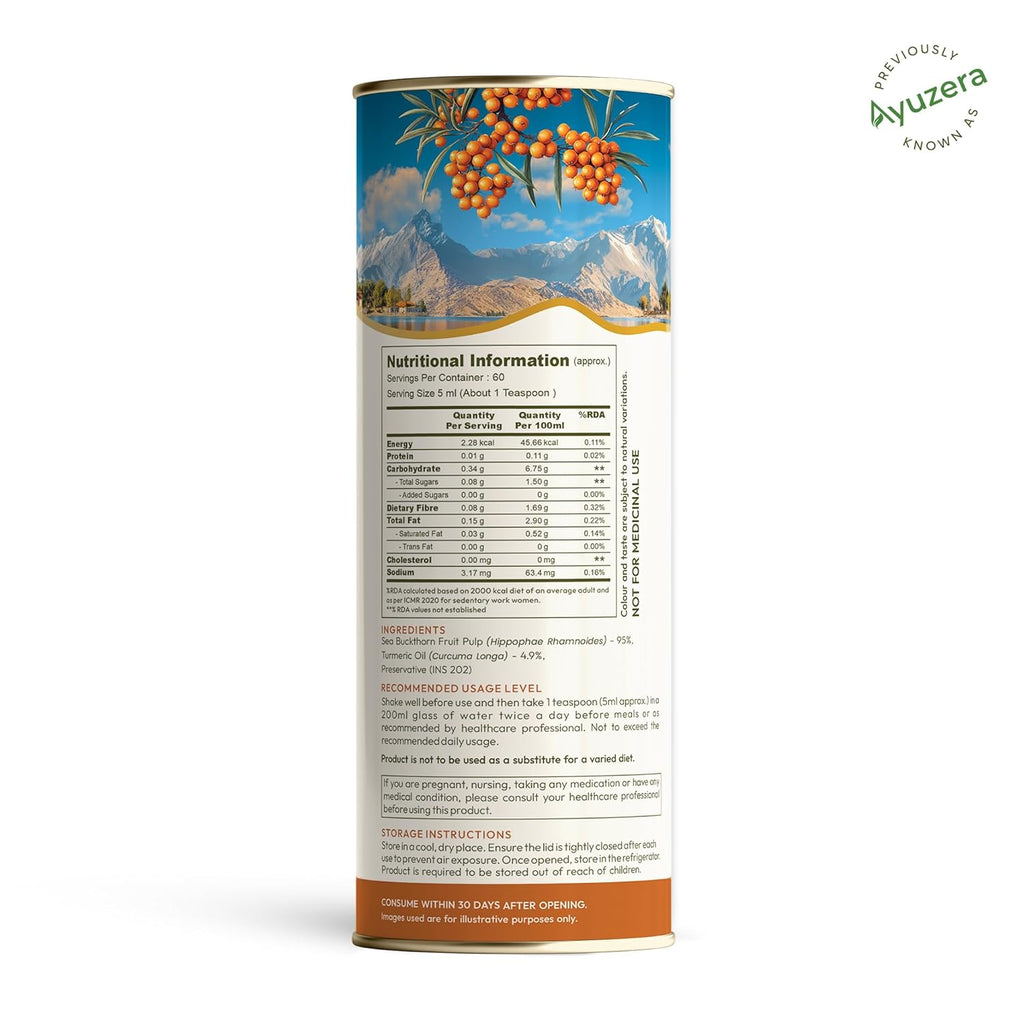 Ayuzera Sea buckthorn with Turmeric Curcumin Oil 300ml | Liquid Supplements | Makes Upto 50 Glass Juice
