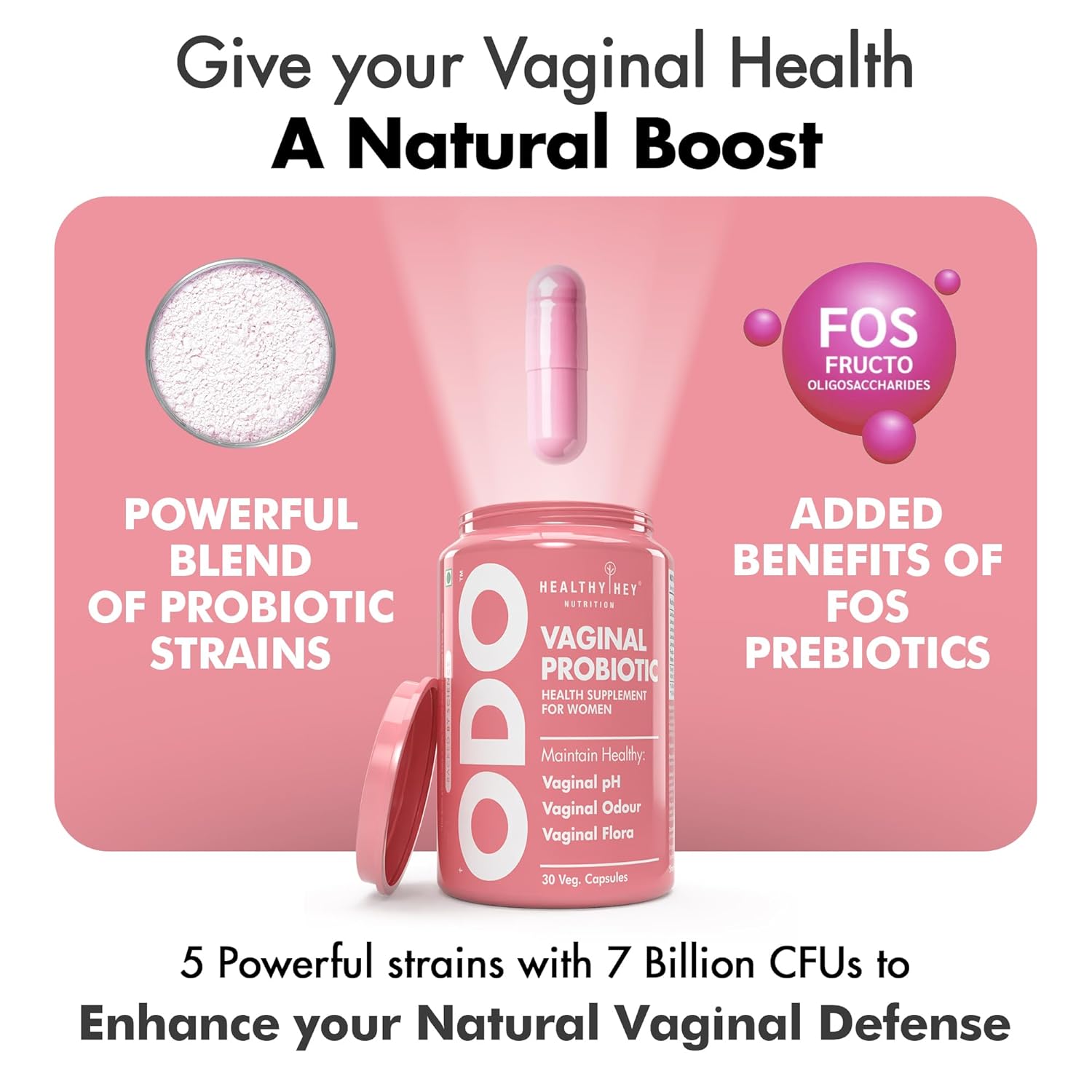 HealthyHey Nutrition ODO Vaginal Probiotics for Women pH Balance with Prebiotics & Lactobacillus Probiotic Blend - Vaginal Health Supplement - PromoteVaginal Odor & Vaginal Flora - 30 Veg Capsules
