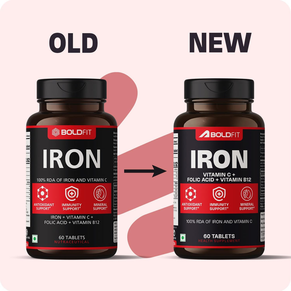 Boldfit Iron Supplement for Women & Men Iron Bisglycinate with Vitamin C Folic Acid & Vitamin B12 Gentle on Stomach,Non-Constipating Tablets - 60 Count