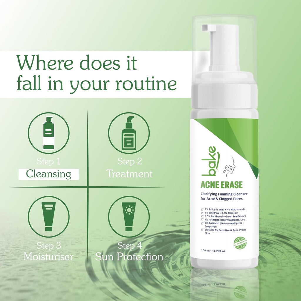 BAKE Acne Erase Foaming Face Wash with 2% Salicylic Acid & Niacinamide | Oil Control, Unclogs Pores, Clears Acne & Blemishes | Gentle Foaming Cleanser for Oily, Acne Prone & Sensitive Skin â€“ 100ml
