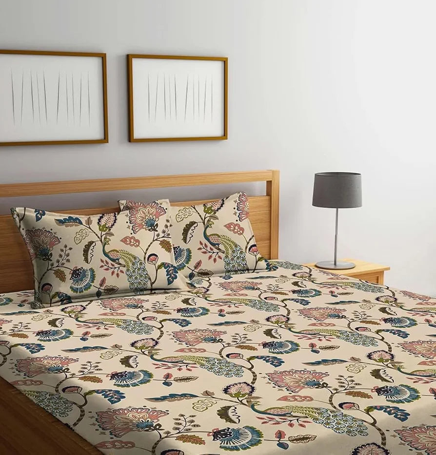 The Home Style Supersoft Cotton King Size Printed Flat Double Bedsheet with 2 Pillow Cover 400 TC Mocha Flora
