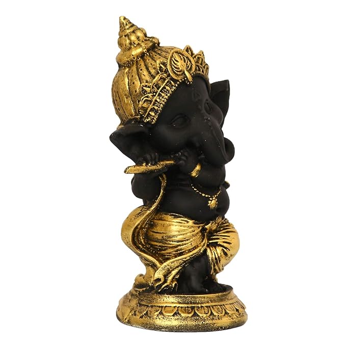 Ecraftindia Golden and Black Polyresin Lord Ganesha Idol Playing Flute Musical Instrument Decorative Showpiece