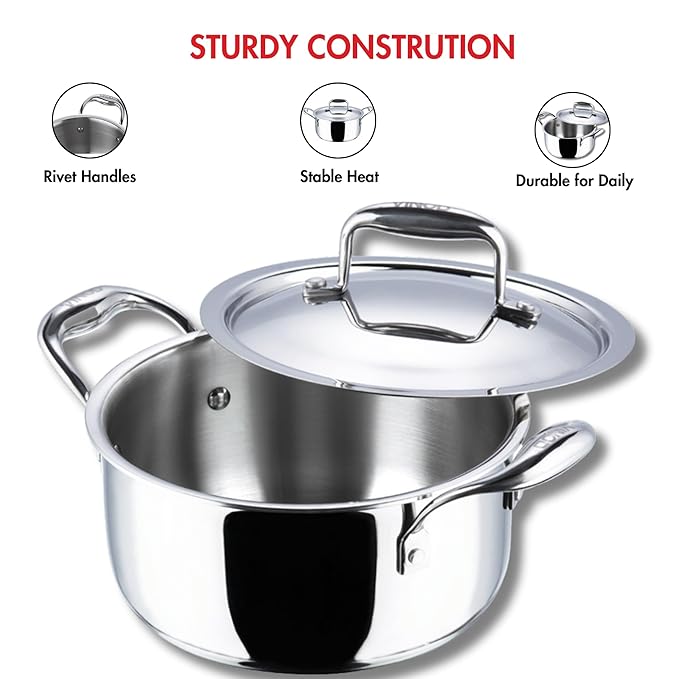 Vinod Platinum Triply Stainless Steel Saucepot with Lid - 8 Litre, 30 cm | 2.5mm Thick | SAS Bottom | Biryani Pot