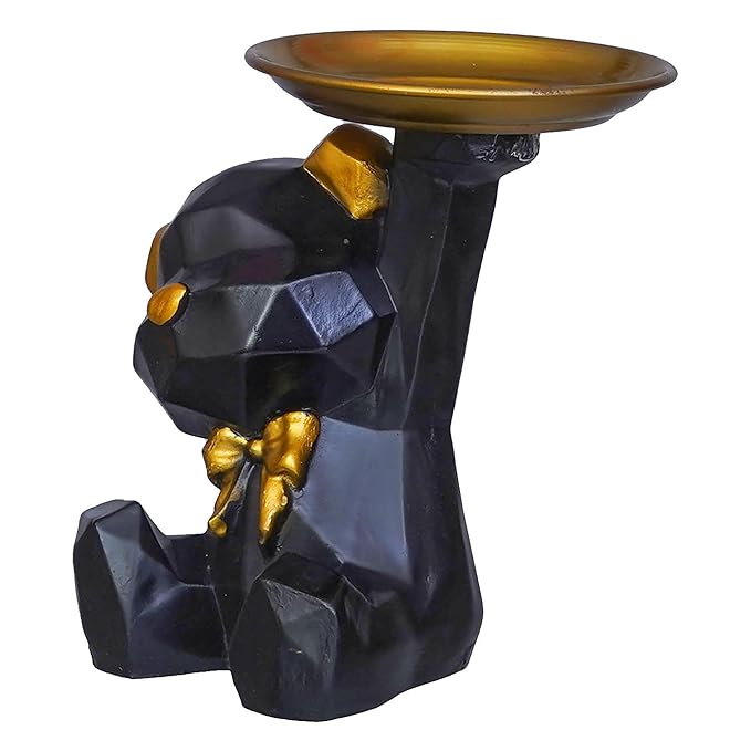 Ecraftindia Geometric Black Sitting Teddy Bear Statue Holding Tray Decorative Showpiece for Home