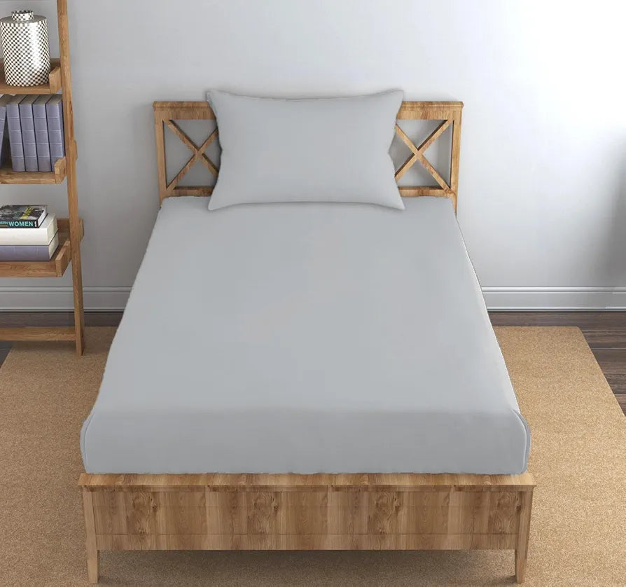 Trance Home Linen Premium 300 TC Pure 100% Cotton Single Size Fitted Bedsheet with 1 Pillow Cover Colour Silver Grey