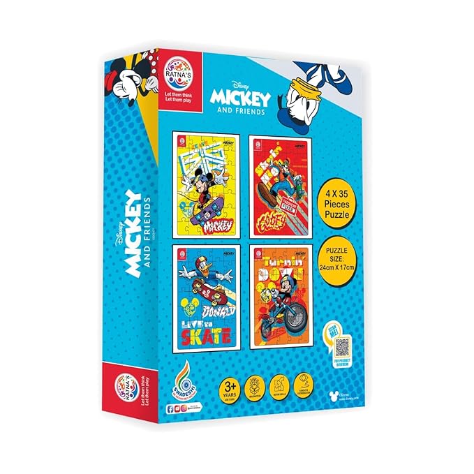 Ratna's 4 in 1 Disney Jigsaw Puzzle 140 Pieces for Kids | 4 Jigsaw Puzzles 35 Pieces Each | Mickey Mouse, Donald Duck, Goofy Vertical