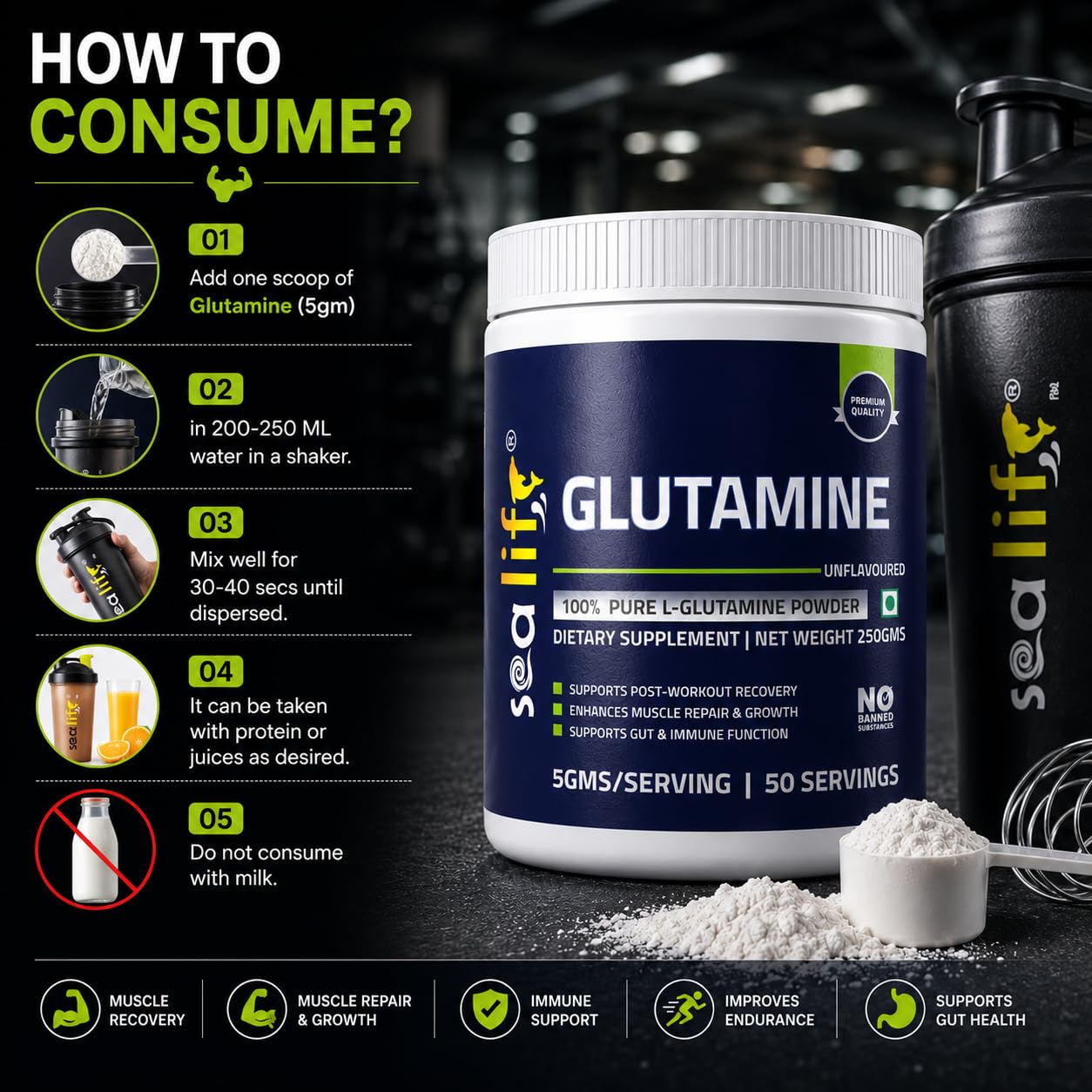 Sea Life 100% Pure L-Glutamine | Glutamine Powder, Amino Acid | Post Workout Supplement for Muscle Growth & Recovery - 250g, Unflavoured (50 Servings) For Men & Women. Pack of-1