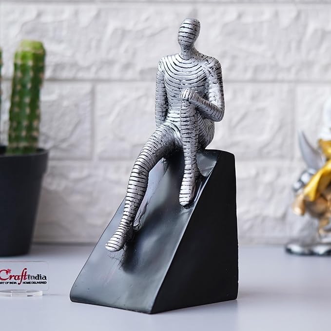 Ecraftindia Silver Man Statue Sitting on Triangle Black Base Human Figurine Decorative Showpiece