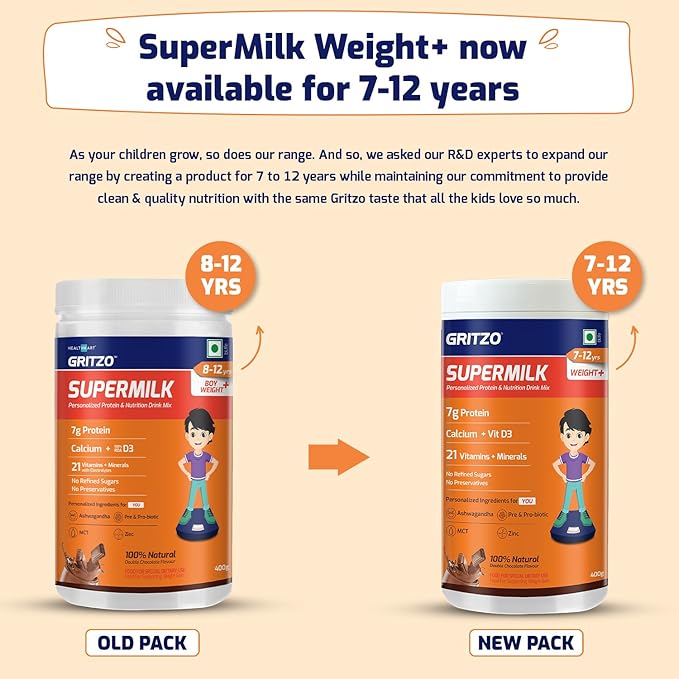 Gritzo SuperMilk Weight+ (7-12y) 7g Protein Powder Double Chocolate - 400 gms