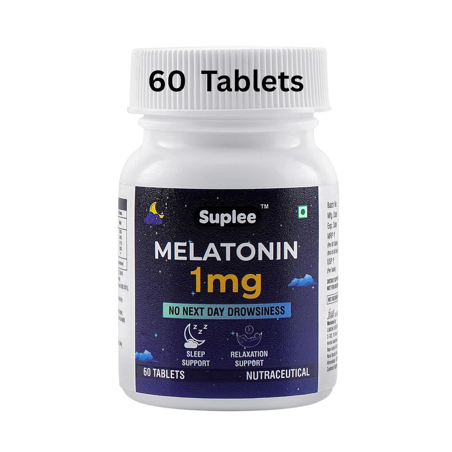 Suplee Melatonin 1 mg (60 Tablets) | For Deep Sleep Support | Non-Habit Forming | Helps Regulate Sleep-Wake Cycle