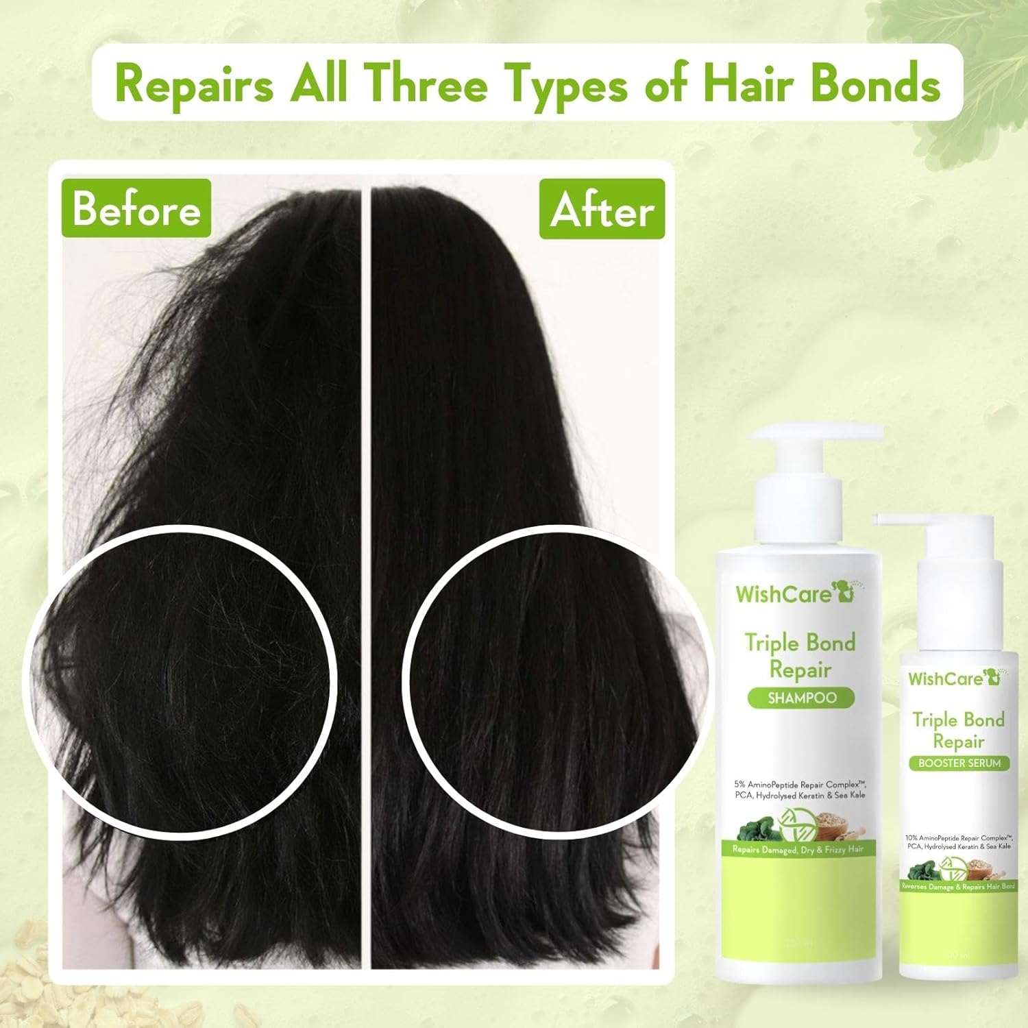 WishCare Triple Bond Repair Shampoo For Frizzy Hair & Dry Hair | Repairs Damaged & Frizzy Hair, Reduces Hair Breakage | With AminoPeptide Complex & PCA | For All Hair Types | 250ml