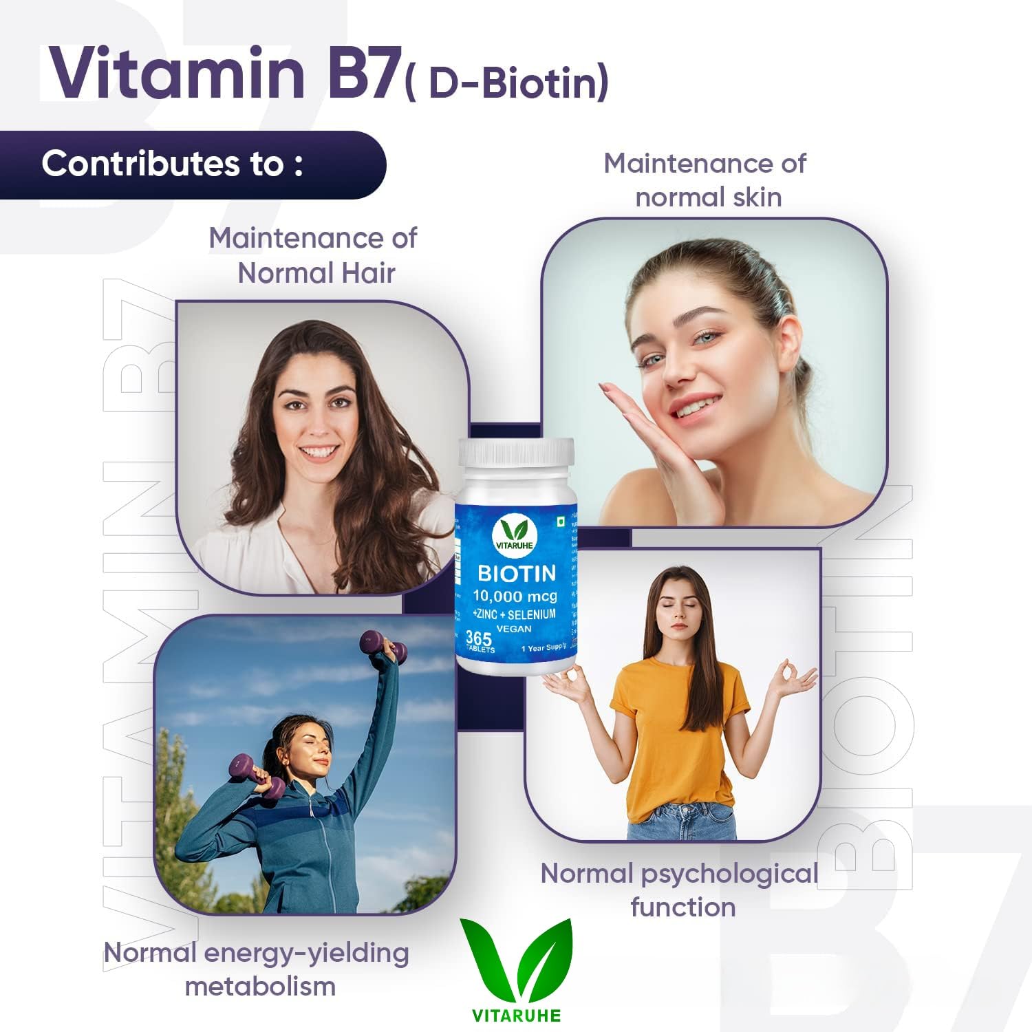 Vitaruhe Biotin High Dose Biotin + Zinc + Selenium Vegan Hair Growth Supplement for Healthy Skin, Hair and Nails, Full Year Supply, 365 Tablets
