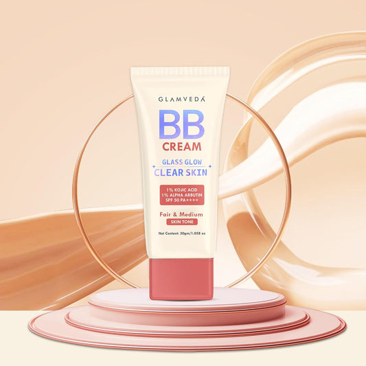 Glamveda BB Cream Lightweight Foundation | Fair & Medium Skin Tone BB Cream for Women With SPF 50++++ | Instant Spot Coverage | Light Make-up Glow | Non-Sticky & Waterproof | Colour Correction - 30g