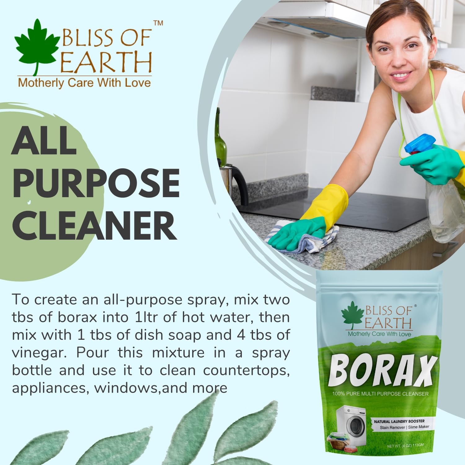 Bliss of Earth Borax Powder For Washing Cloths, Slime Maker, Cleaning & Stain Remover, Ants Killer, 100% Pure Sodium Borate Powder 113GM