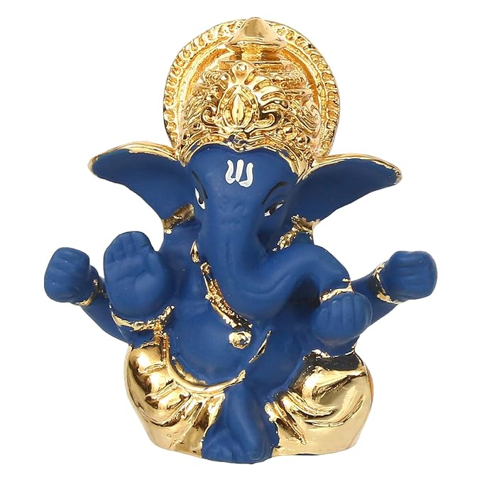 Ecraftindia Gold Plated Blue Mukut Ganesha Decorative Showpiece for Home/ Temple/ Office/ Car Dashboard
