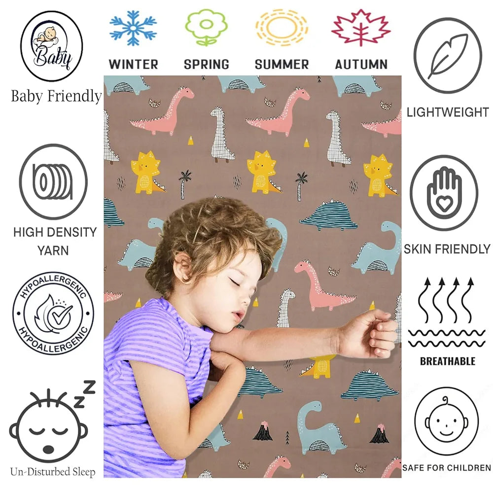 Fresh Form Loom Wrinkle Free Glace Cotton 300 TC Elastic Fitted Bedsheet For Kids With 2 Pillow Cover Rosy Dinosaur Rosy
