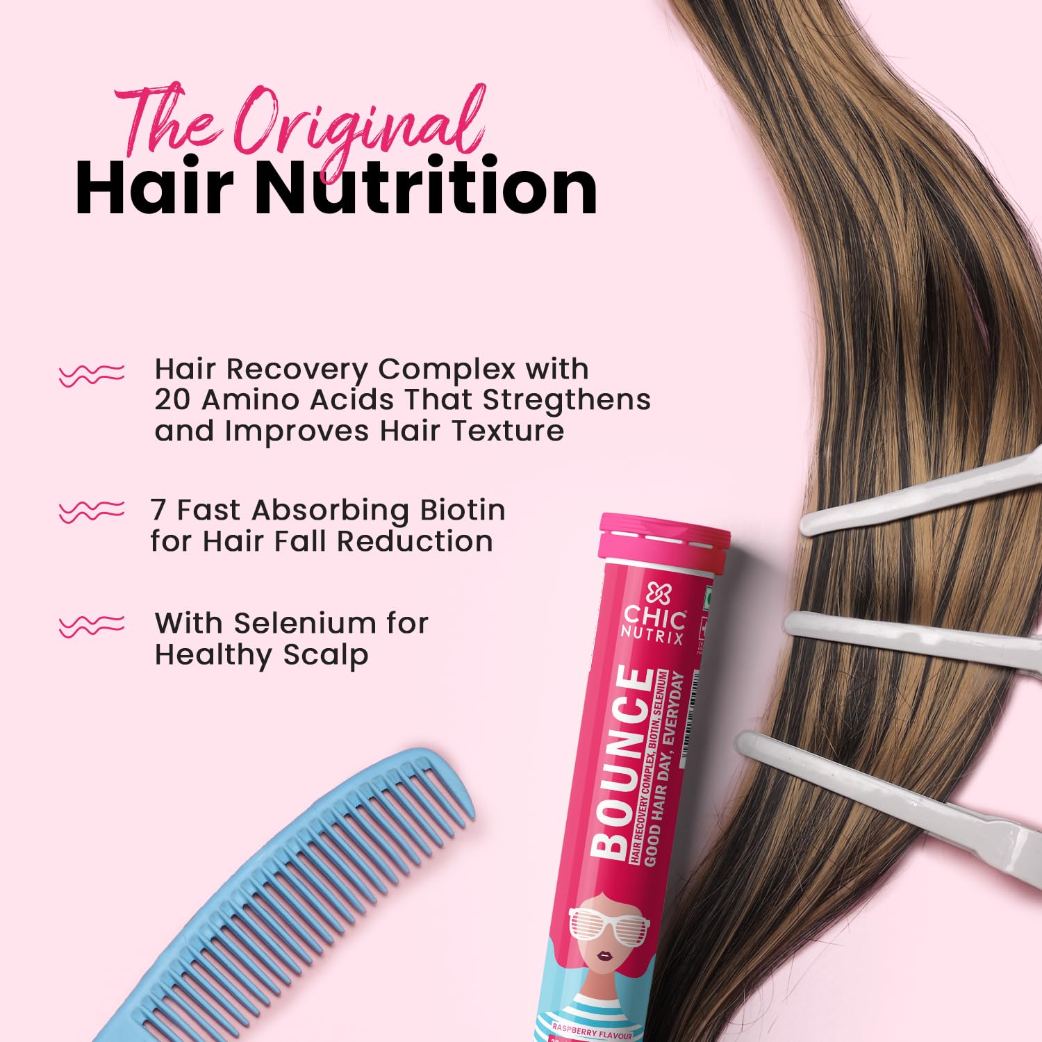 CHICNUTRIX Bounce|20 Raspberry Flavoured Effervescent Tablet|Biotin With Selenium & Amino Acids-Hair Fall & Hair Growth Management Thick Hair - Frizz-Free Hair- Hair Fall Control Supplement,100 grams