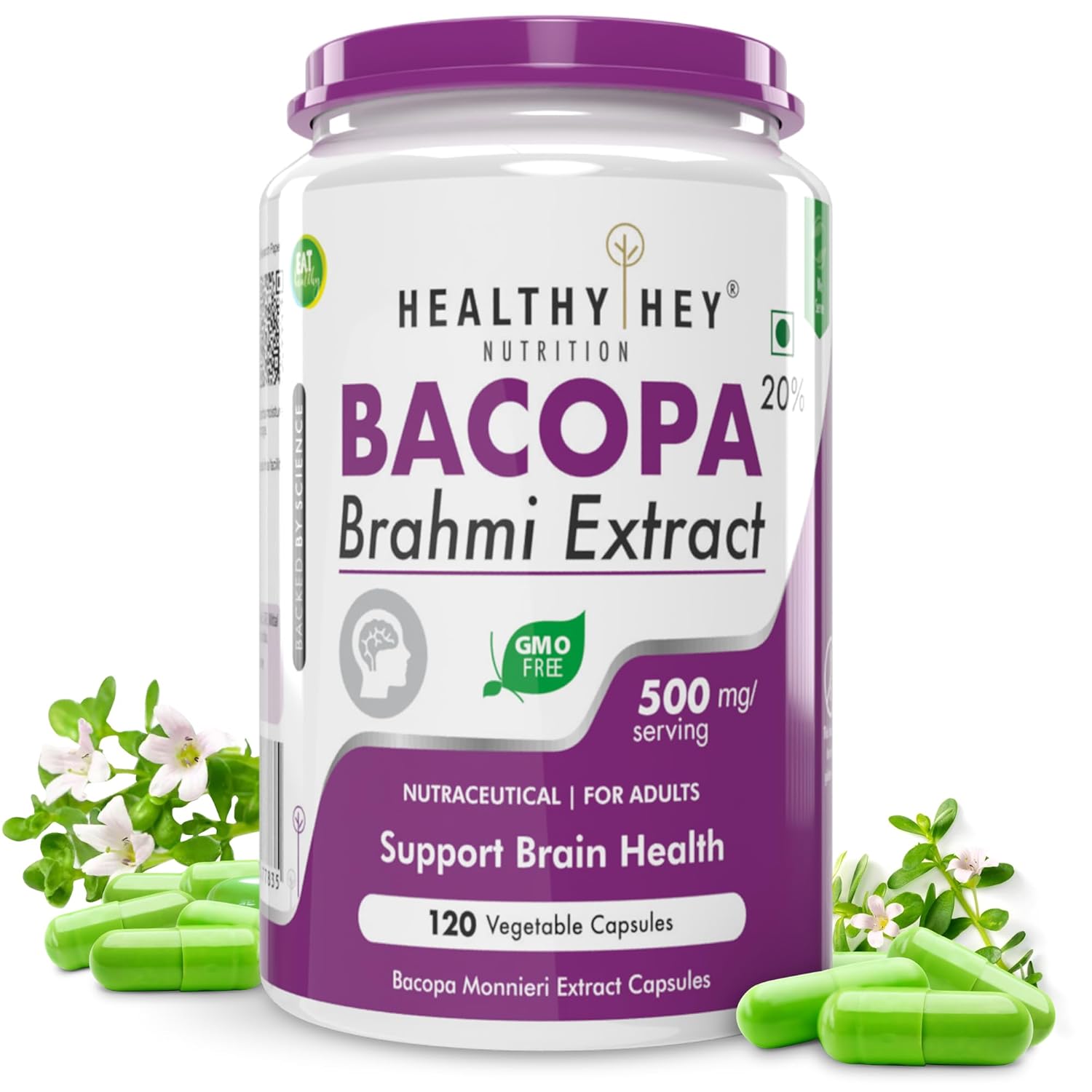 HealthyHey Nutrition Brahmi - Bacopa Monnieri Support Memory and Brain Health - 120 Veg Capsules
