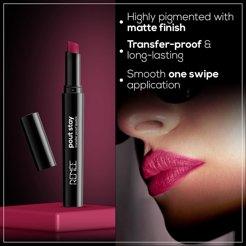 RENEE Poutstay Transfer Proof Lipstick, Smudgeproof & Transferproof, Long Lasting Matte Finish, Easy Glide Application, Infused with Hyaluronic acid, Vitamin E & SPF 20, Zia, 2 Gm