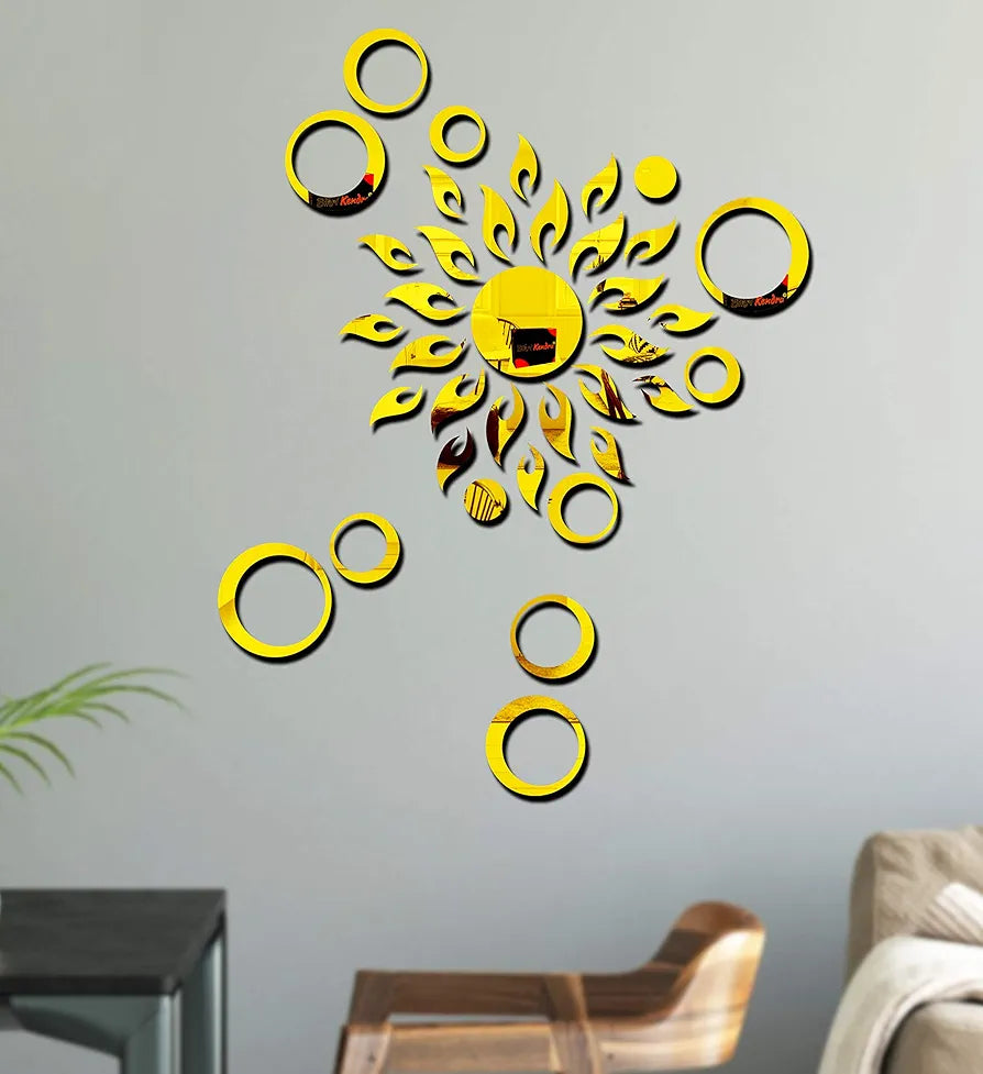 Bikri Kendra Sun with Rings 12-3D Acrylic Mirror Wall Stickers Premium Collection Golden