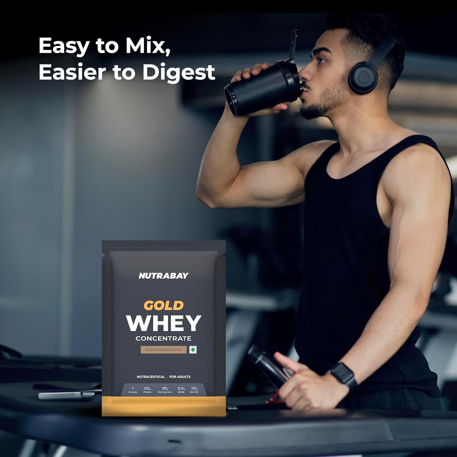 Nutrabay Gold Whey Protein Concentrate Powder 25g Protein, 5.3g BCAA â€“ Easy to Digest, NABL Lab Tested â€“ Muscle Growth & Recovery â€“ 35g, Rich Chocolate Creme | Trustified Certified 100% Authentic