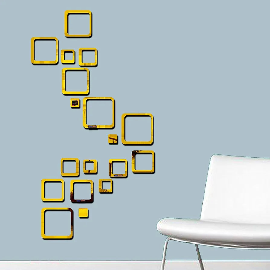 Bikri Kendra Ind Sun red with 12 Square Golden Mirror Stickers for Wall Decor