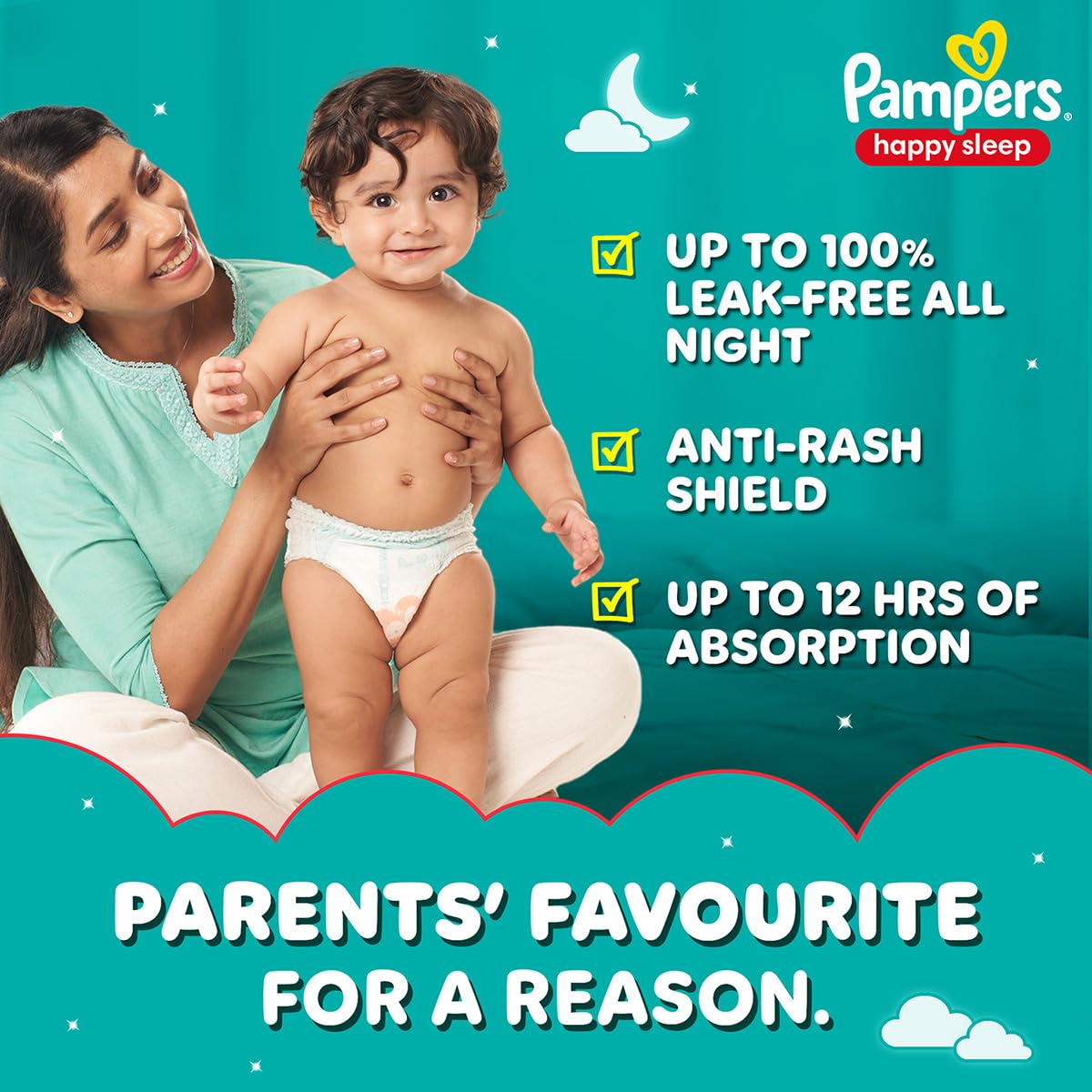 Pampers Happy Sleep Pant Style Baby Diapers, Medium (M), 48 Count, 1 Pampers = 1 Night Sleep, with Anti Rash Shield, 7-12 Kg Diapers