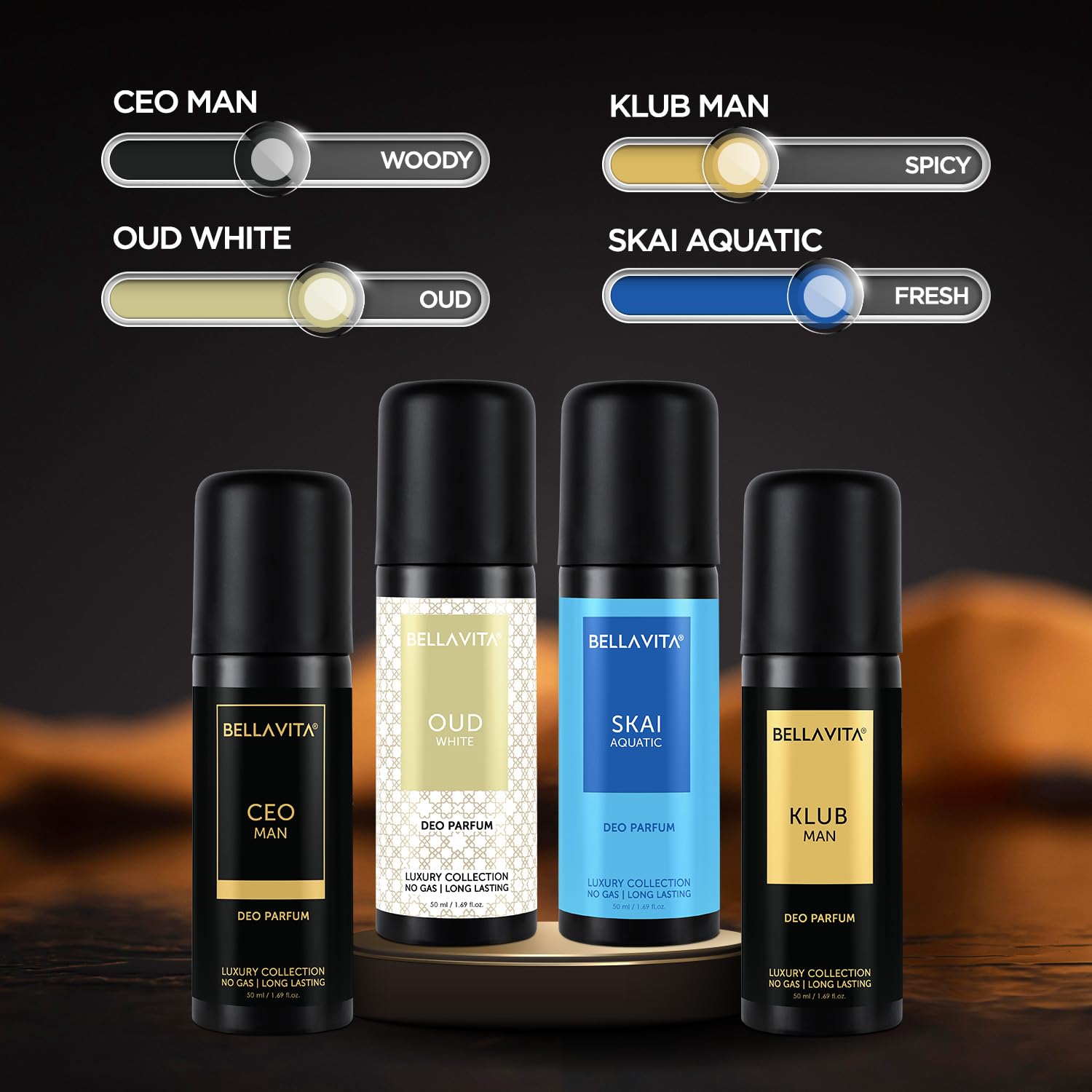 Bella Vita Luxury Unisex Body Perfume Gift Set | Deodorant for Men & Women | Pack of 4 x 50ml | No Gas Deo for Man and Woman | Long Lasting Fragrances with Lemon, Blackcurrant, Lavender & Bergamot