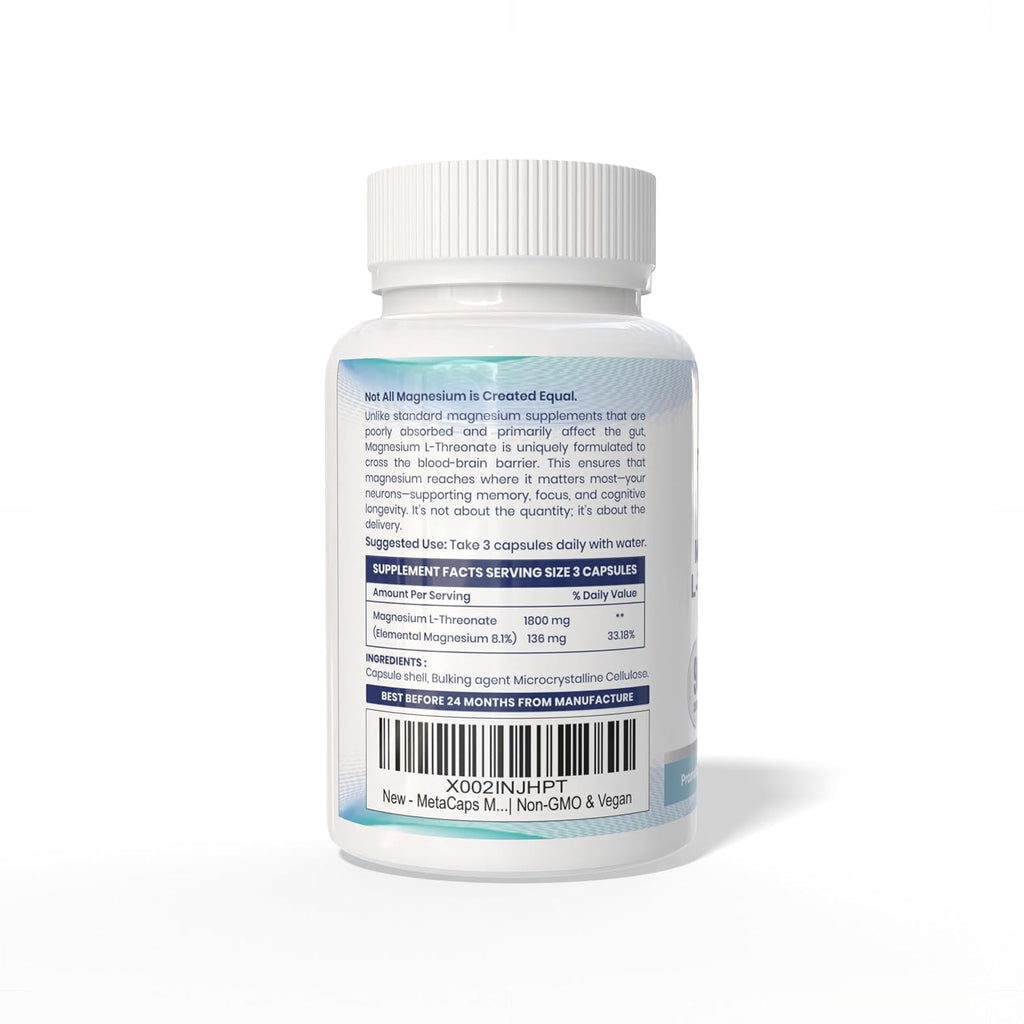 MetaCaps Magnesium L-Threonate 2000mg – 90 Veg Capsules | Memory & Focus | Ultra-Absorbable Bioavailable Magnesium | Supports Cognitive Function & Deep Sleep | Non-GMO & Vegan