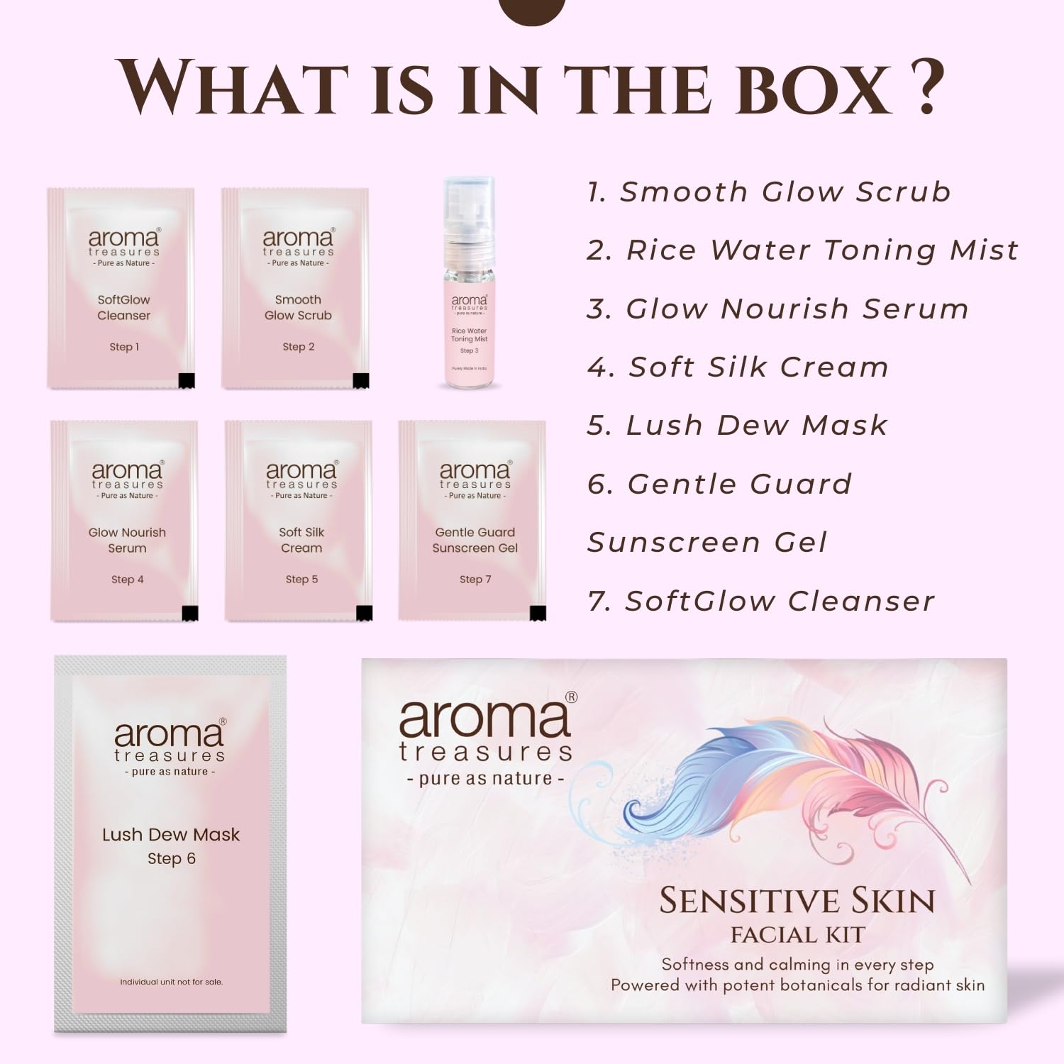 Aroma Treasures Sensitive Skin Soothing Facial Kit, 7-Step Spa Experience with Lavender, Chamomile, Calendula & Niacinamide, Hydrating & Brightening Skincare for Sensitive Skin, 48g/ml