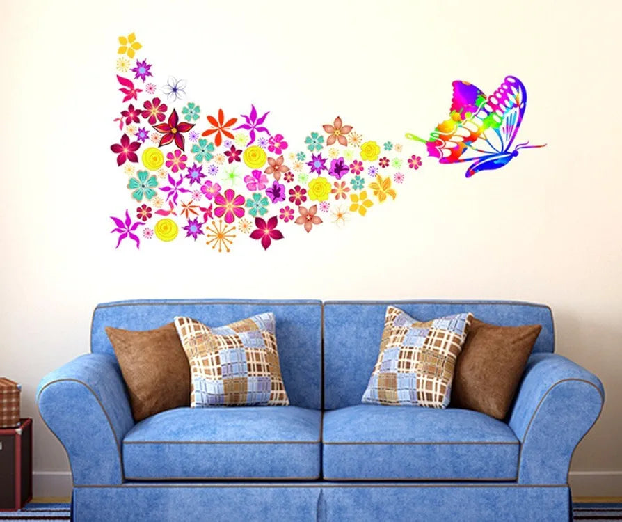 Decals Design Butterfly with Colorful Flowers Blowing' Wall Sticker