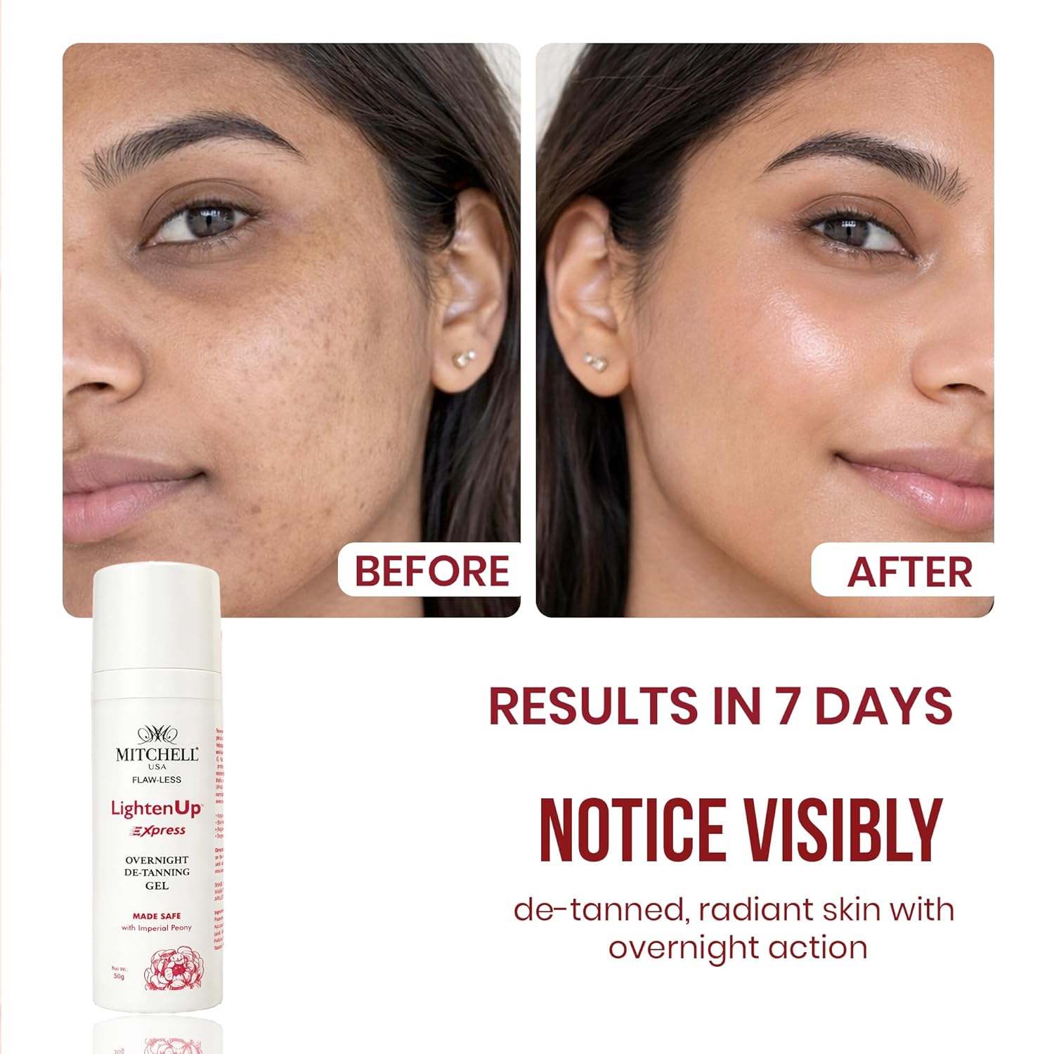 Mitchell USA LightenUp Express Overnight De-Tan Gel for Face | Tan Removal, Skin Brightening & Dark Spot Reduction | With Peony Flower Extract, Vitamin C & Alpha Arbutin | for Men & Women | 50g