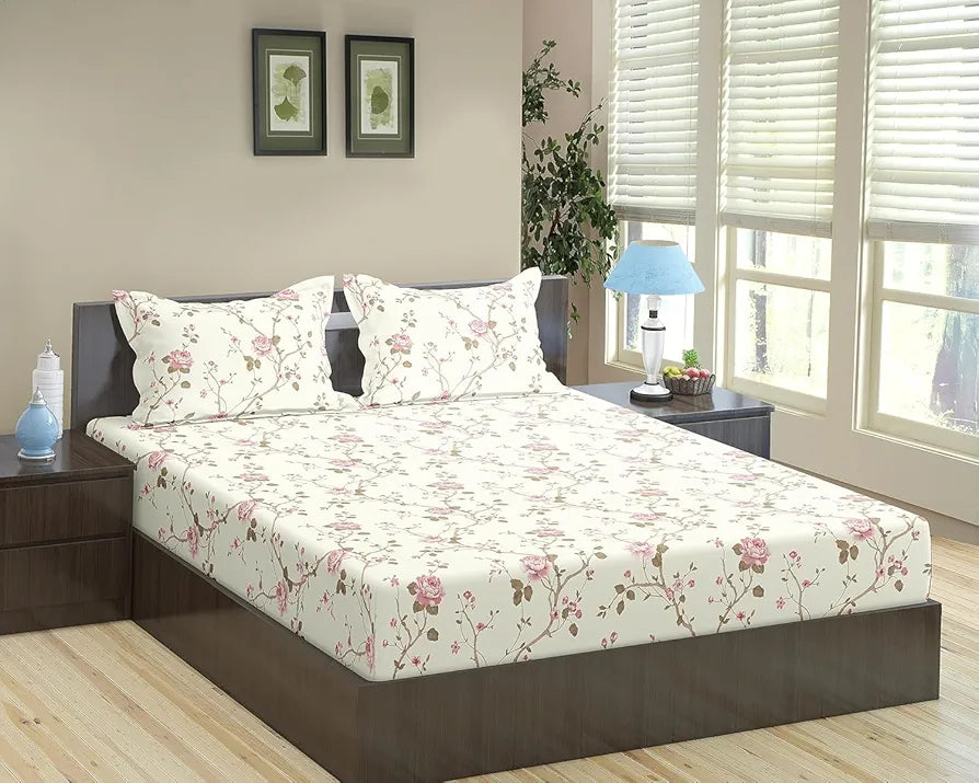 Trance Home Linen 180TC 100% Cotton 78"x72" Standard King Size Elastic Fitted Bedsheet Printed King Bed Size with 2 Pillow Covers 78x72 inch Colour Aster Pink