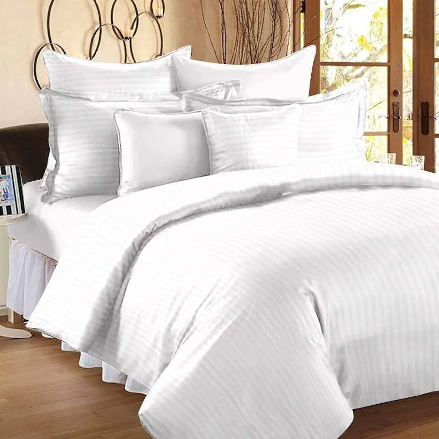 Purav Light Microfiber Flat Double Bed Bedsheet Plain Striped Cotton Bedsheet with 2 Pillow Covers for King Size Bed 340 TC Breathable White Color