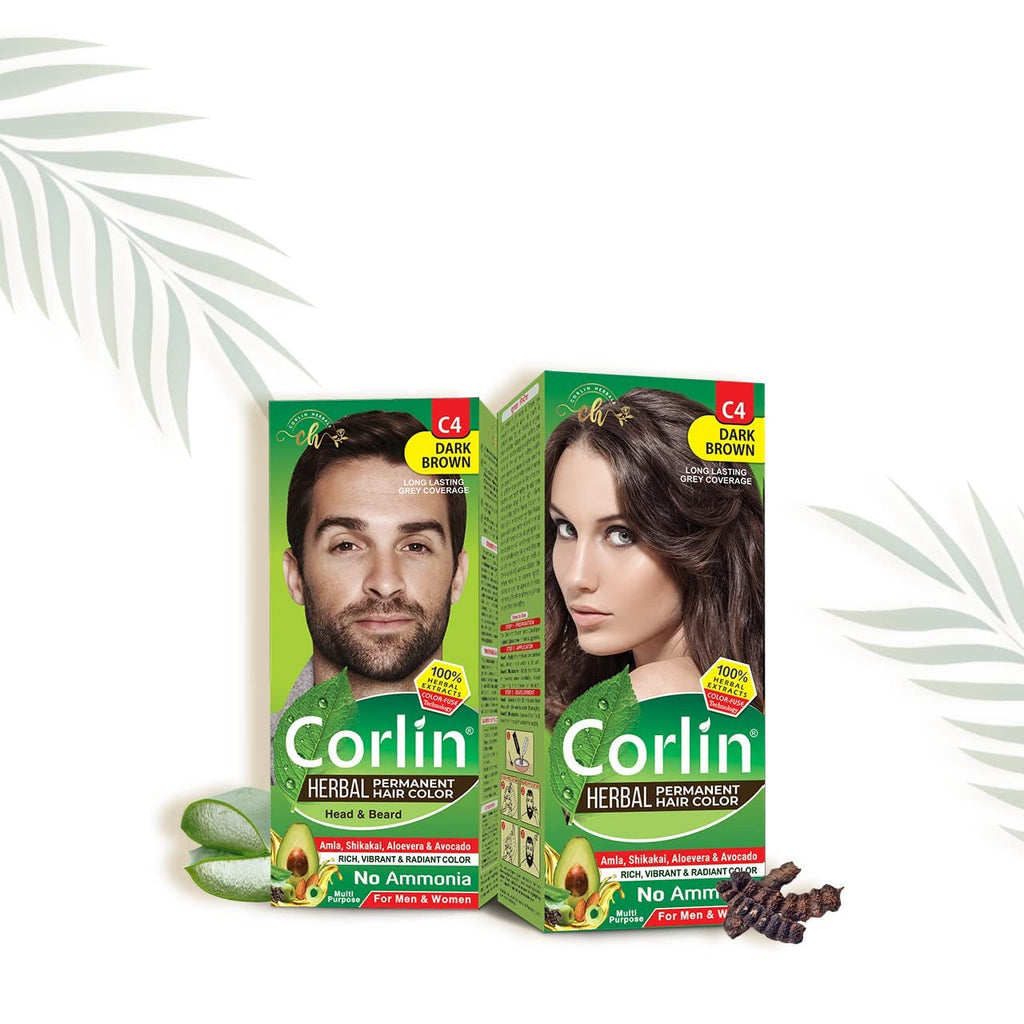 Corlin Herbal Permanent Hair Color Cream Dark Brown C4 - 100 gms (Pack of 2)