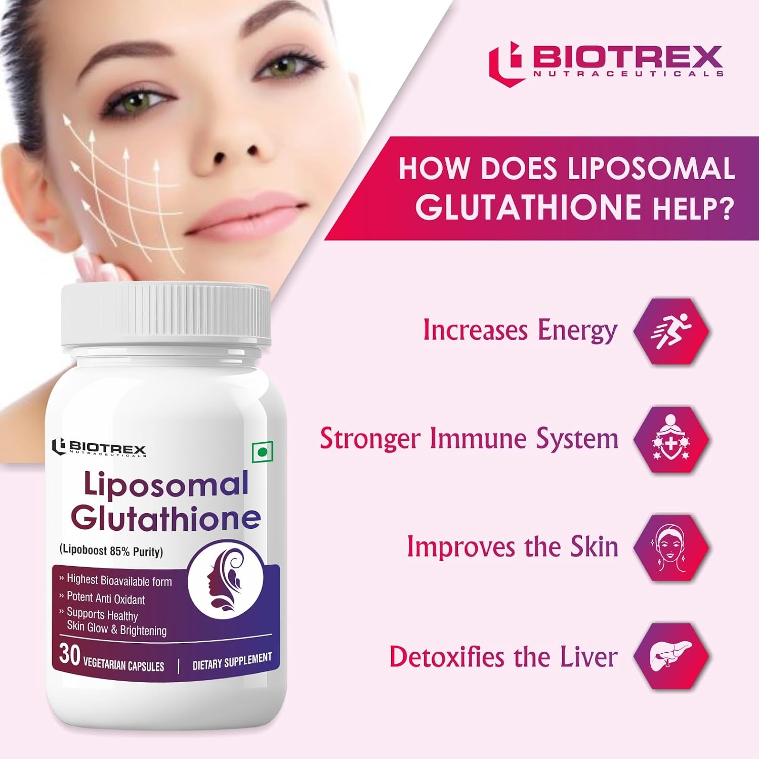 Biotrex Nutraceuticals Liposomal Glutathione 85% Lipoboost High Purity Form, Supports Healthy Skin Health - 30 Veg Capsules