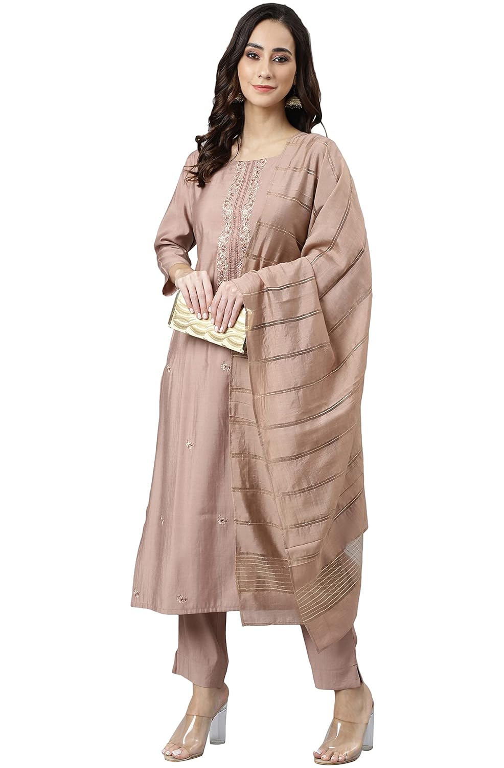 Janasya Women's Dusty Rose Viscose Blend Embroidered Kurta with Pant