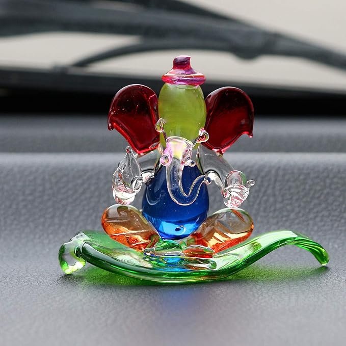 Ecraftindia Multicolored and Transparent Double Sided Crystal Car Paan Ganesha Showpiece