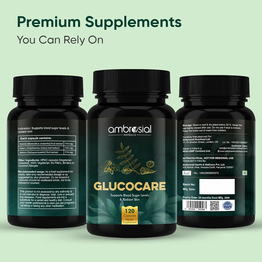 Ambrosial Glucocare | Bitter Melon | Neem | Black Plum (Jamun) | Helps in Balancing Blood Sugar | 100% Natural Ingredients (Pack of 1-120 Capsules)